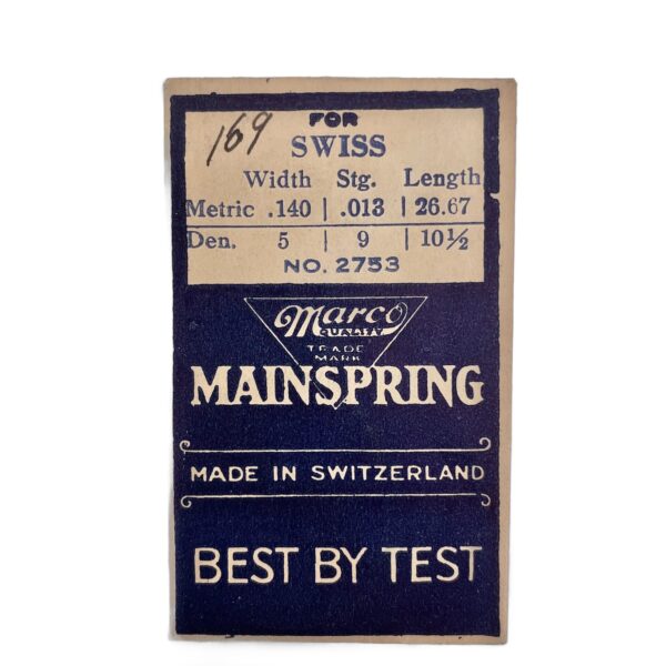 Marco 2753 Mainspring (169) | D 5W 9S 10.5L | M 0.14W 0.013S 26.67L | Swiss